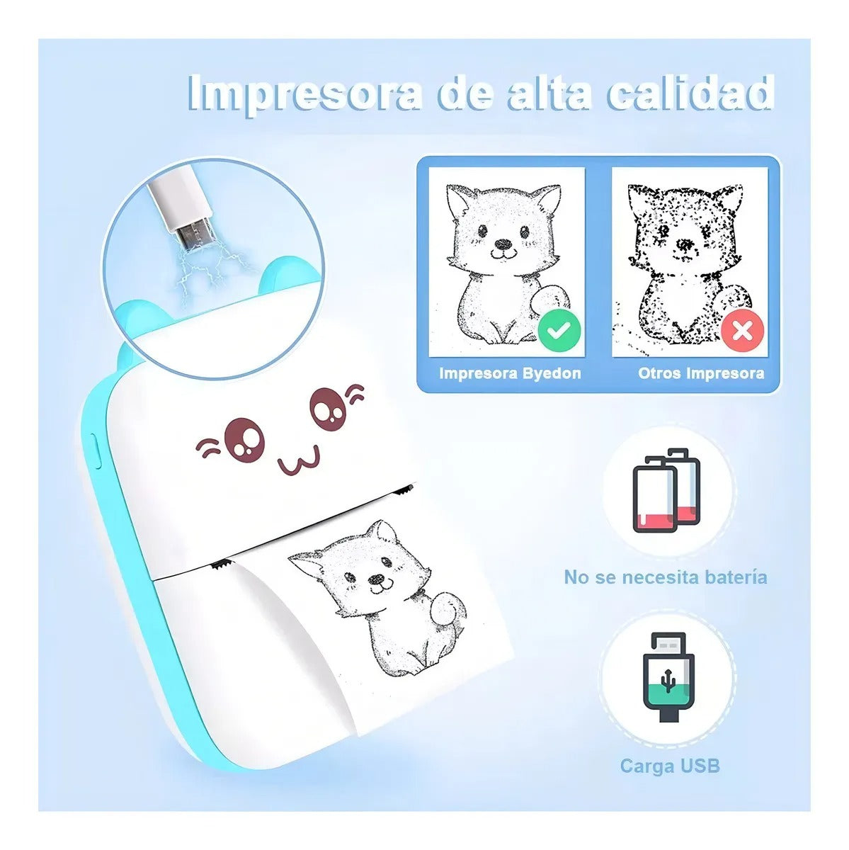 Mini Impresora Portátil Bluetooth Gatito + 1 Rollo Termico Color Celeste