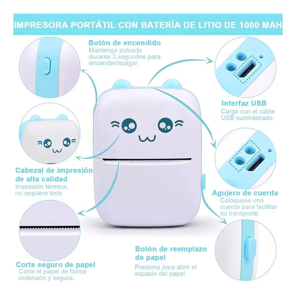 Mini Impresora Portátil Bluetooth Gatito + 1 Rollo Termico Color Celeste