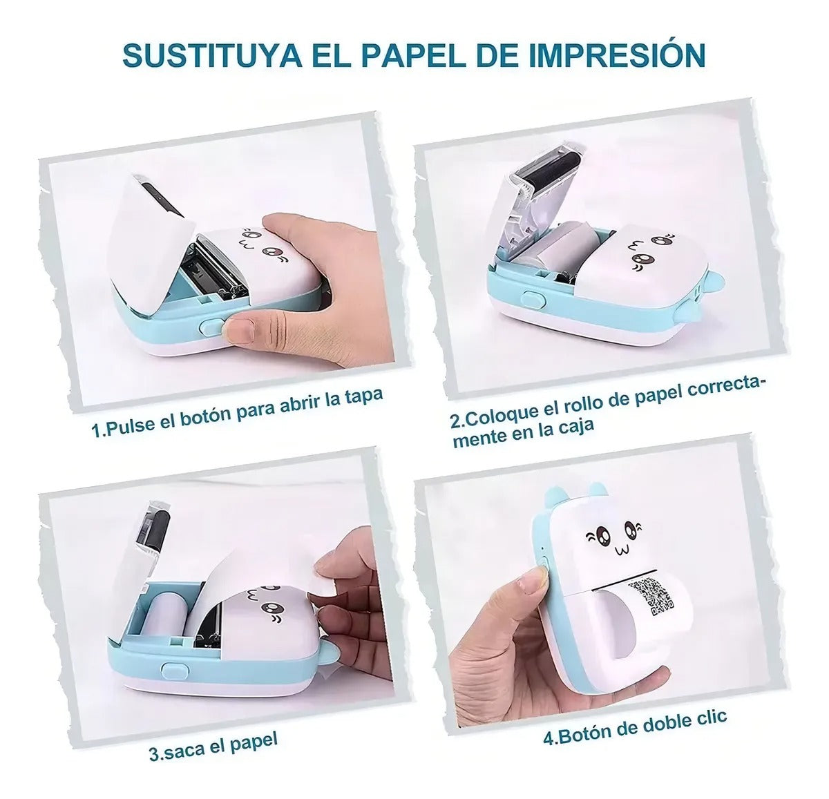 Mini Impresora Portátil Bluetooth Gatito + 1 Rollo Termico Color Celeste