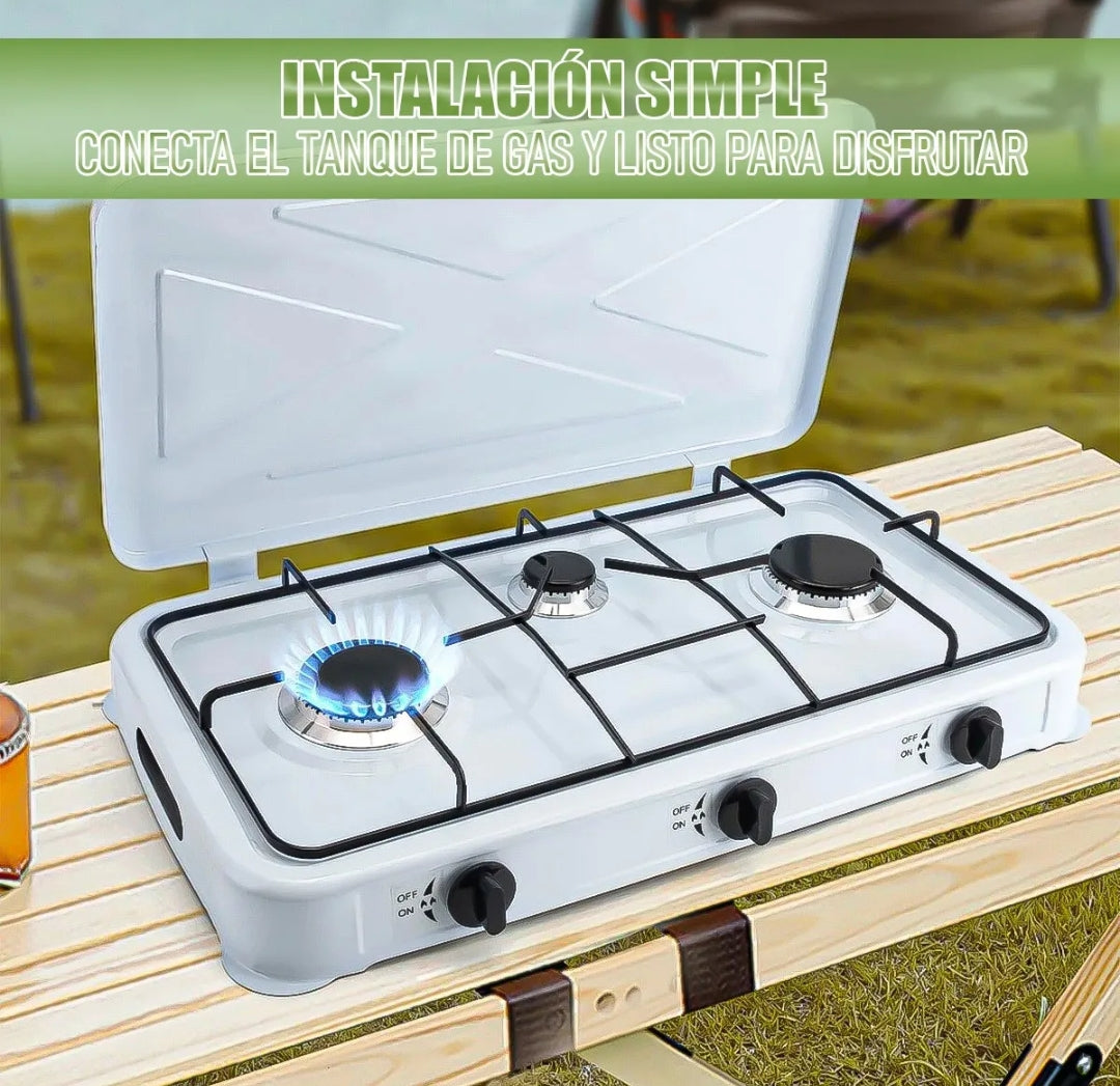 Set Cocina Camping A Gas 3 Quemadores Con Regulador Y Manguera